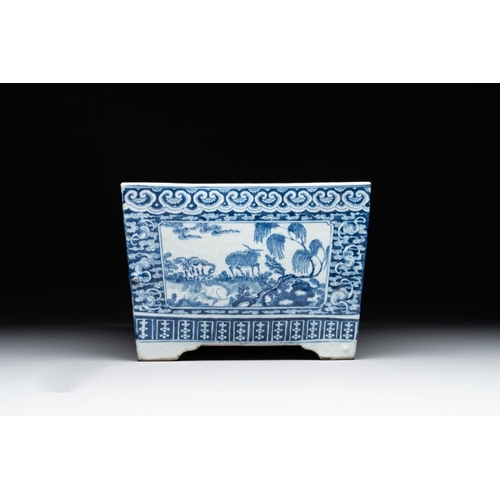 353 - A square Chinese blue and white 'three rams' jardiniere, 19th C.Dim.: 32,5 x 32,5 x 23,5 cmThe absen... 