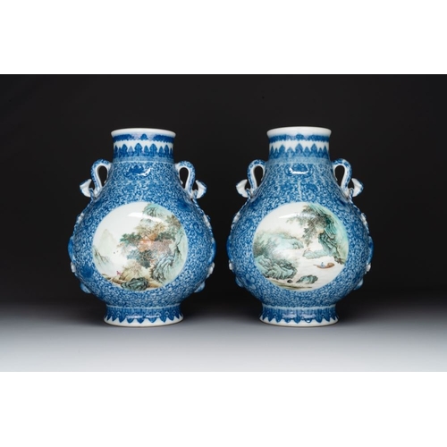 355 - A pair of Chinese famille rose 'hu' vases with fine landscapes, Qianlong mark, RepublicH.: 37 cm (in... 