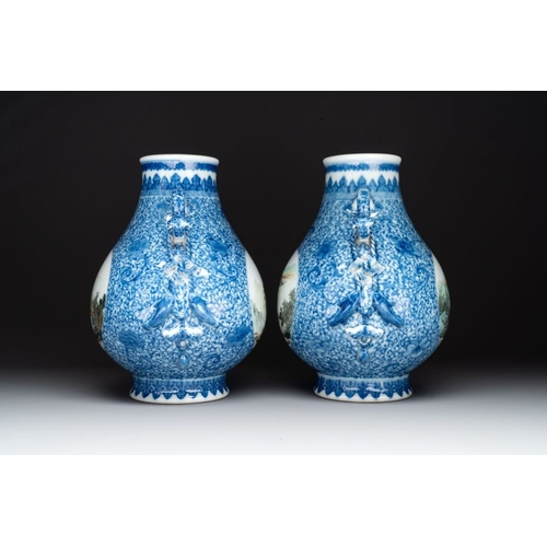 355 - A pair of Chinese famille rose 'hu' vases with fine landscapes, Qianlong mark, RepublicH.: 37 cm (in... 