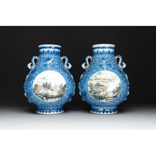 355 - A pair of Chinese famille rose 'hu' vases with fine landscapes, Qianlong mark, RepublicH.: 37 cm (in... 