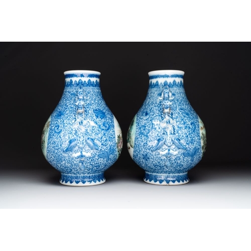 355 - A pair of Chinese famille rose 'hu' vases with fine landscapes, Qianlong mark, RepublicH.: 37 cm (in... 