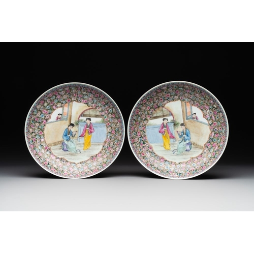 360 - A Chinese famille rose 'mille fleur' dish, a famille verte plate and a pair of famille rose plates, ... 