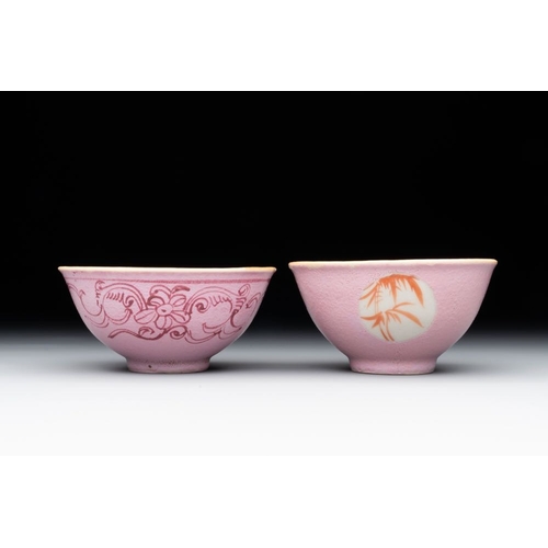 366 - A Chinese ge-type brush washer, a pair of pink bowls, two plates and a saucer, Kangxi and laterDia.:... 