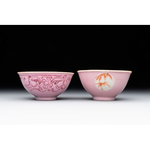 366 - A Chinese ge-type brush washer, a pair of pink bowls, two plates and a saucer, Kangxi and laterDia.:... 