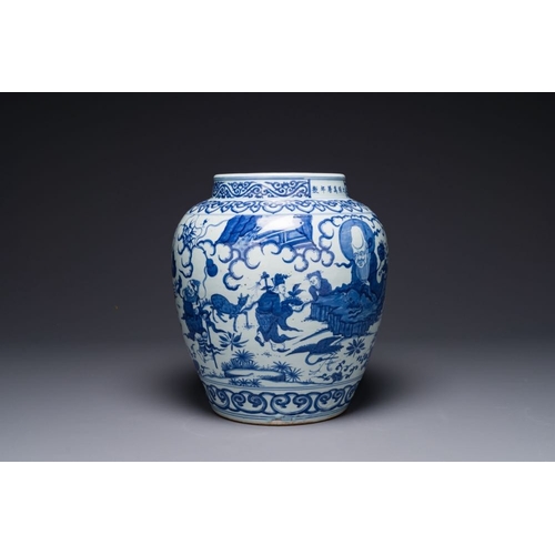 370 - A Chinese blue and white 'Ba Xian Zhu Shou' jar, Wanli mark and possibly of the periodH.: 35 cmThe a... 