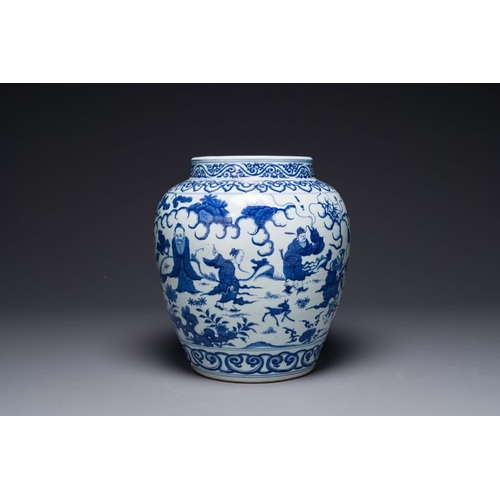 370 - A Chinese blue and white 'Ba Xian Zhu Shou' jar, Wanli mark and possibly of the periodH.: 35 cmThe a... 