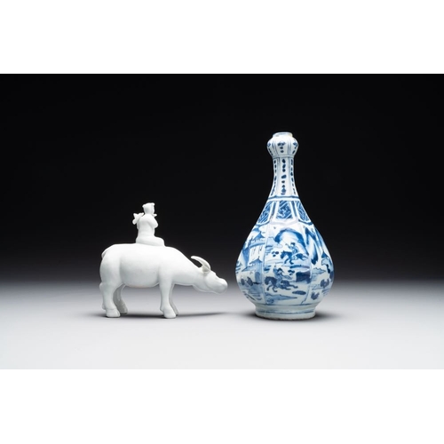 371 - A Chinese blue and white garlic-mouth vase and a white glazed group of a boy on a buffalo, Wanli/Qia... 