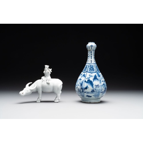 371 - A Chinese blue and white garlic-mouth vase and a white glazed group of a boy on a buffalo, Wanli/Qia... 