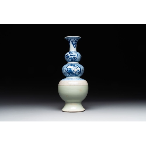 378 - A rare Chinese blue and white, celadon-and-ge-glazed triple gourd vase, KangxiH.: 27,5 cmThe absence... 