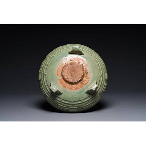 384 - A large Chinese Longquan celadon 'trigrams' censer on wooden stand, MingDia.: 36 cm - H.: 11 cm (the... 