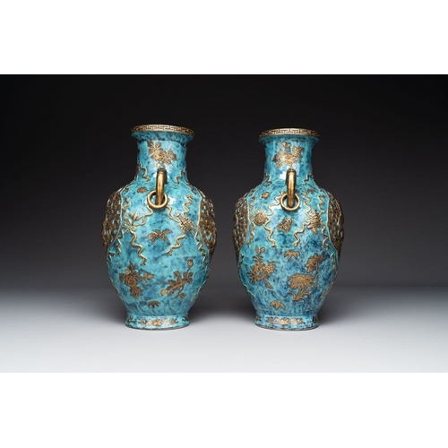 414 - A pair of Chinese robin's egg and faux bronze-glazed 'hu' vases, Qianlong mark, 19th C.H.: 37,8 cmTh... 