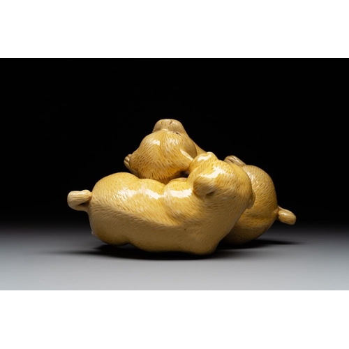 420 - A Chinese monochrome yellow-glazed group of two playing dogs, 19th C.L.: 17 cm - H.: 10 cmThe absenc... 