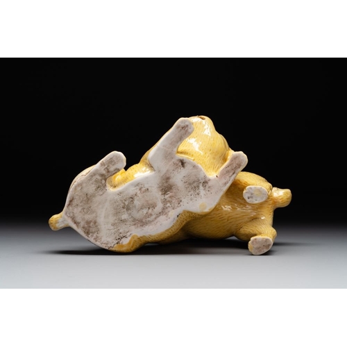 420 - A Chinese monochrome yellow-glazed group of two playing dogs, 19th C.L.: 17 cm - H.: 10 cmThe absenc... 