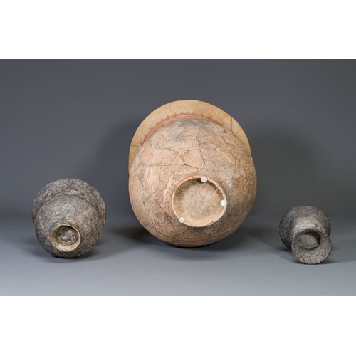 454 - Three Ban Chiang culture pottery jars, Thailand, 7/4th C. B.C.Dia.: 52,2 cm - H.: 78 cm (the largest... 