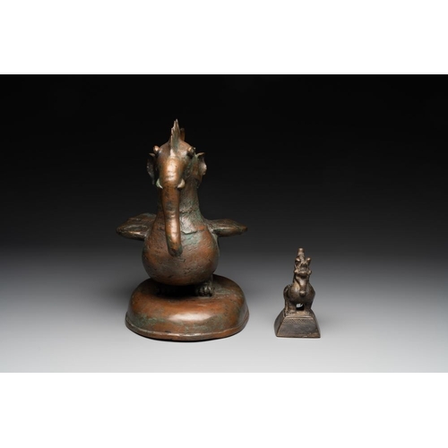 459 - A large bronze sculpture and an opium weight in shape of Hintha or Hamsa, Burma/India, 17/18th C.L.:... 