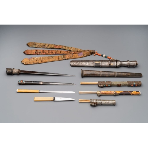 489 - A varied collection of Chinese and Japanese eating set trousses, a Tibetan 'kapala' and two daggers,... 