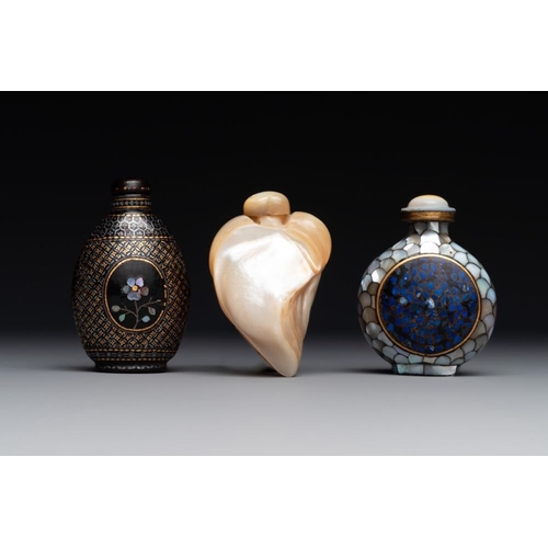 502 - Two Chinese lacquered and mother-of-pearl-inlaid snuff bottles and a carved mother-of-pearl shell sn... 