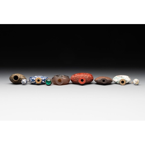 504 - Eleven Chinese snuff bottles in amber, agate, rock crystal, lacquer, hardstone, metal and wood, 19/2... 