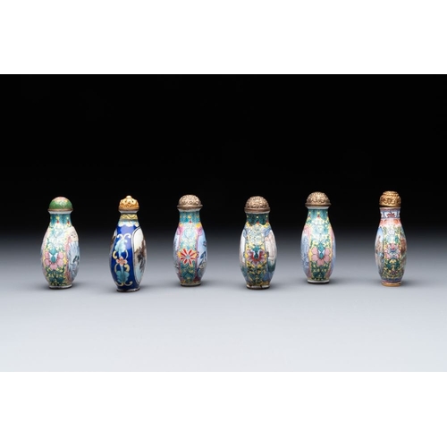 507 - Six Chinese Peking enamel snuff bottles with European design, Qianlong mark, 19/20th C.H.: 6 cm (the... 