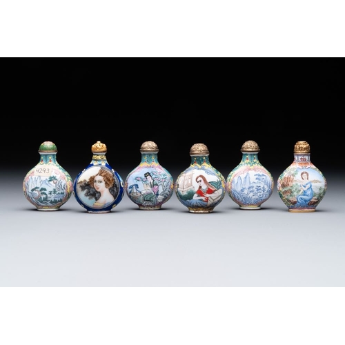 507 - Six Chinese Peking enamel snuff bottles with European design, Qianlong mark, 19/20th C.H.: 6 cm (the... 