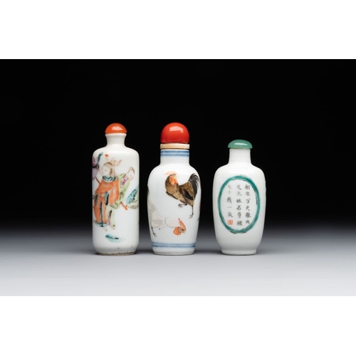 519 - Two Chinese famille rose snuff bottles and a 'Wu Shuang Pu' snuff bottle, Tongzhi mark and of the pe... 