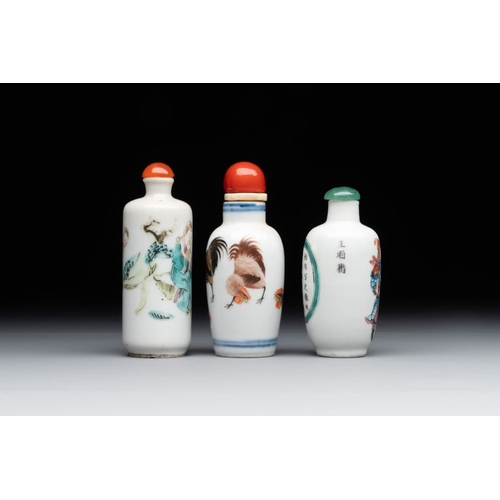 519 - Two Chinese famille rose snuff bottles and a 'Wu Shuang Pu' snuff bottle, Tongzhi mark and of the pe... 