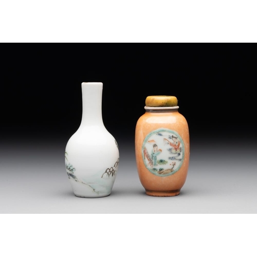 520 - A Chinese famille rose miniature vase and a snuff bottle, Daoguang mark and of the period, 19th C.H.... 