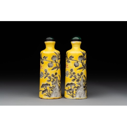 544 - A pair of Chinese grisaille yellow-ground Dayazhai-style snuff bottles, Yong Qing Chang Chun mark, 1... 