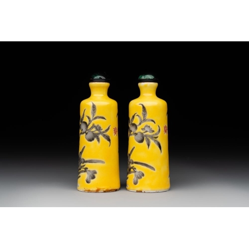 544 - A pair of Chinese grisaille yellow-ground Dayazhai-style snuff bottles, Yong Qing Chang Chun mark, 1... 