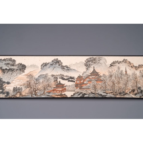 562 - Pu Xinyu (1896-1963): 'Temple in the mountains', ink and colour on paper, with 'Hongmu' wooden boxDi... 