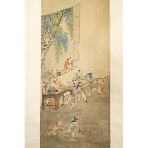 568 - Qian Huian (1833-1911): 'Playing boys', ink and colour on silk, 19/20th C.Dim.: 220 x 50 cm (each sc... 