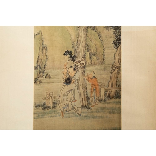 568 - Qian Huian (1833-1911): 'Playing boys', ink and colour on silk, 19/20th C.Dim.: 220 x 50 cm (each sc... 