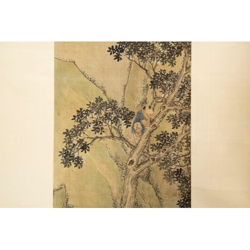 568 - Qian Huian (1833-1911): 'Playing boys', ink and colour on silk, 19/20th C.Dim.: 220 x 50 cm (each sc... 