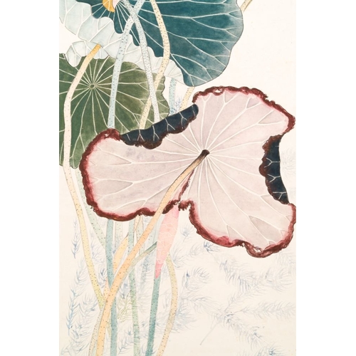 569 - Mi Gengyun (1910-1998): 'Lotus', ink and colour on paper, dated 1977Dim.: 212 x 47,5 cm (the scroll)... 