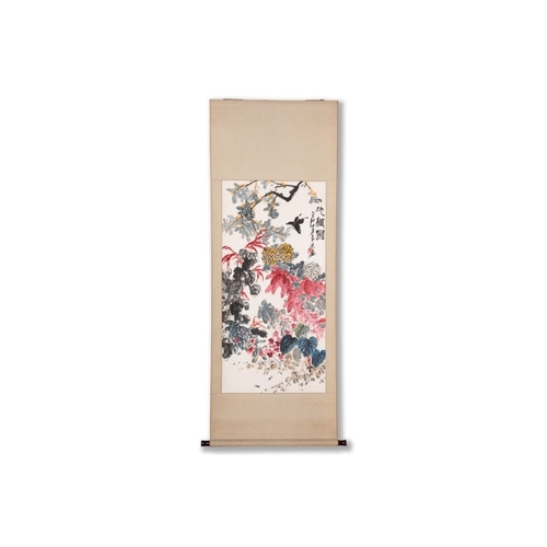 570 - Qi Liangchi (1921-2003): 'Butterfly, crickets and flowers', ink and colour on paperDim.: 205 x 78,5 ... 