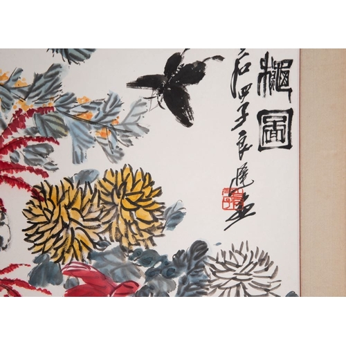 570 - Qi Liangchi (1921-2003): 'Butterfly, crickets and flowers', ink and colour on paperDim.: 205 x 78,5 ... 