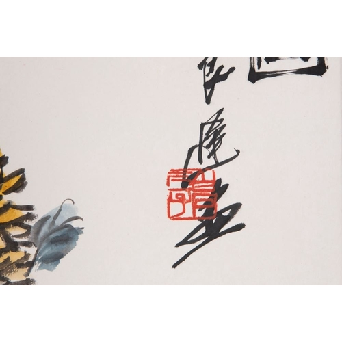 570 - Qi Liangchi (1921-2003): 'Butterfly, crickets and flowers', ink and colour on paperDim.: 205 x 78,5 ... 