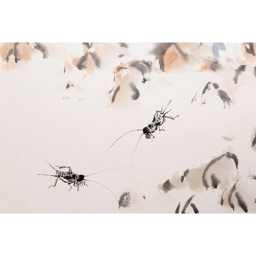 570 - Qi Liangchi (1921-2003): 'Butterfly, crickets and flowers', ink and colour on paperDim.: 205 x 78,5 ... 