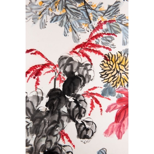 570 - Qi Liangchi (1921-2003): 'Butterfly, crickets and flowers', ink and colour on paperDim.: 205 x 78,5 ... 