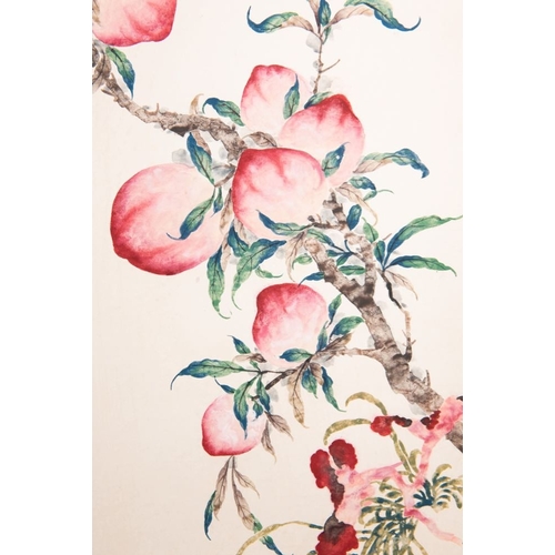 583 - Xu Fu (1836-1908): 'Nine peaches and a bat', ink and colour on paper, dated 1898Dim.: 218 x 58,5 cm ... 