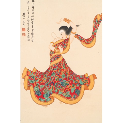 587 - Sun Yunsheng (1918-2000): 'Dancing female', ink and colour on paper, dated 1979Dim.: 218 x 58 cm (th... 