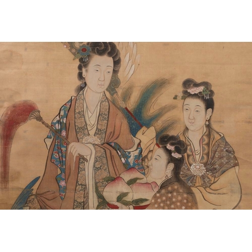 601 - Chinese school: 'Presenting peaches to Xiwangmu', ink and colour on silk, 19th C.Dim.: 186 x 124,50 ... 