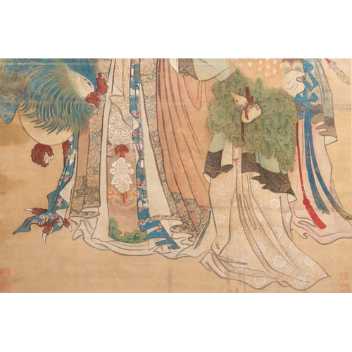 601 - Chinese school: 'Presenting peaches to Xiwangmu', ink and colour on silk, 19th C.Dim.: 186 x 124,50 ... 