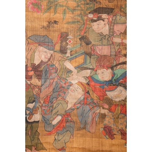 604 - Follower of Su Hanchen (1094-1172): 'Knick-knack peddler', ink and colour on silk, Qing or laterDim.... 