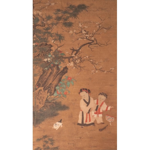 605 - Follower of Su Hanchen (1094-1172): 'Child playing with a cat', ink and colour on silk, Ming or late... 