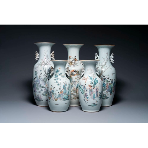 743 - Five Chinese famille rose vases with figural design, 19/20th C.H.: 58 cm (the tallest)H.: 43 cm (the... 