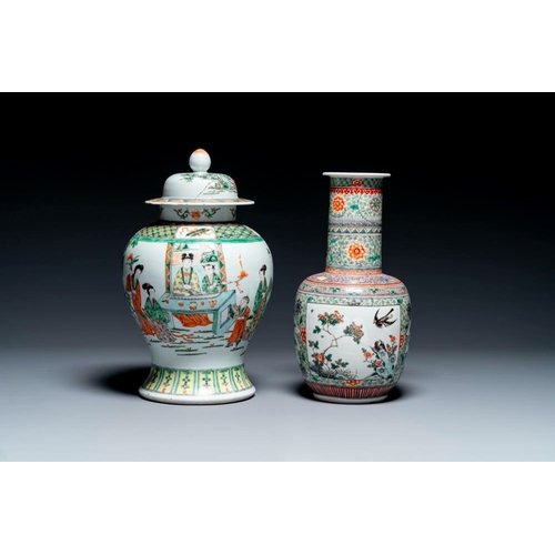 751 - A Chinese famille verte covered vase and a bottle vase, 19th C.H.: 38,5 cm (the tallest vase incl. c... 