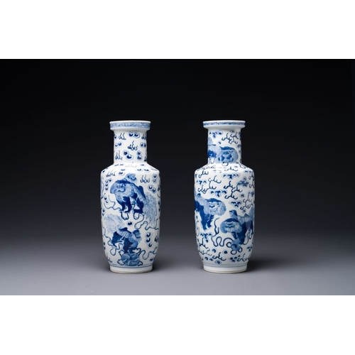 759 - A pair of Chinese blue and white 'Buddhist lion' vases, Kangxi mark, 19th C.H.: 28,7 cm
 The absence... 