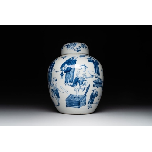 764 - A rare Chinese blue and white 'figures' jar and cover, Kangxi mark, 19th C.H.: 27 cm (incl. cover)Th... 