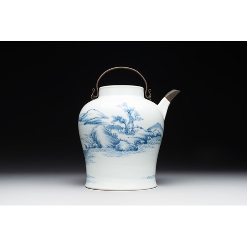 772 - A fine Chinese blue and white 'Bleu de Hue' 'landscape' teapot with bronze mount, Chenghua mark, 18/... 